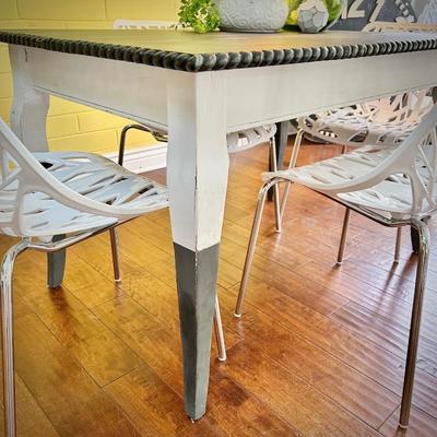 Refinished dining table and 12 stackable chairs