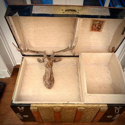 Vintage steamer trunk with wood deer head