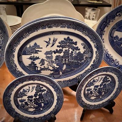 Johnson Brothers "Blue Willow" china and glasses set - 45+ pieces