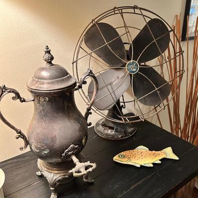 Silverplate coffee urn and vintage fan