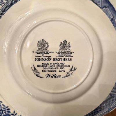 Johnson Brothers "Blue Willow" china and glasses set