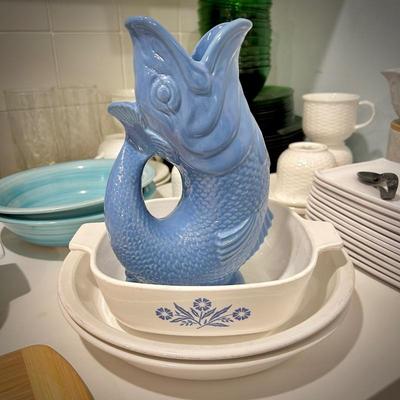 Corningware "Blue Cornflower" and blue gluggle fish jug