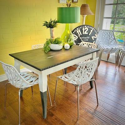 Refinished dining table and 12 stackable chairs
