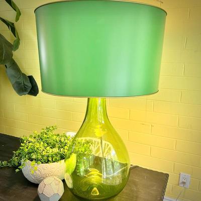 Green glass lamp with green metal shade