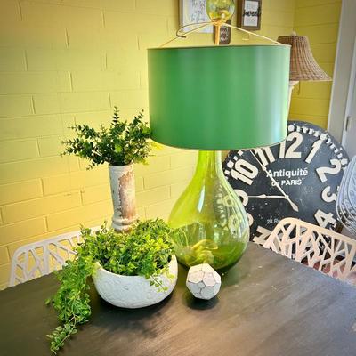 Green glass lamp with green metal shade