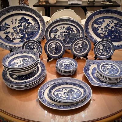 Johnson Brothers "Blue Willow" china and glasses set - 45+ pieces