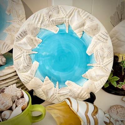 Sea shell plates, conch book ends, and sea shells
