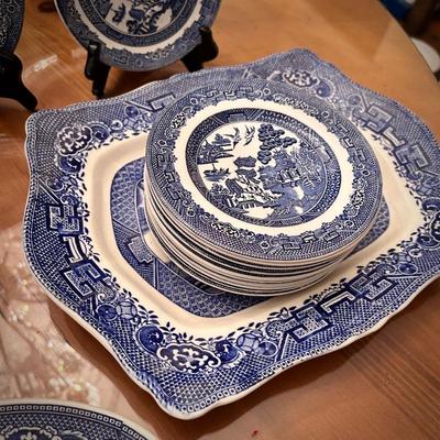 Johnson Brothers "Blue Willow" china and glasses set - 45+ pieces