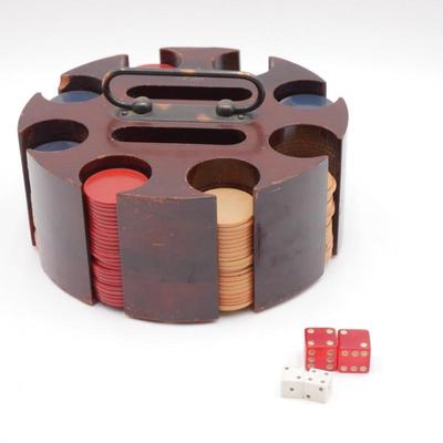 Wood Poker Chip Caddy w/Bakelite Chips