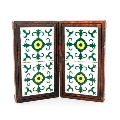 Pair Of 1970's Mexican Tiles Footed Wooden Trivets