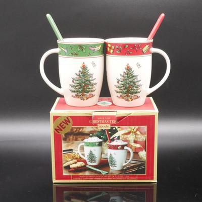 Set Of 2 Spode Christmas Tree Mugs & Spoons