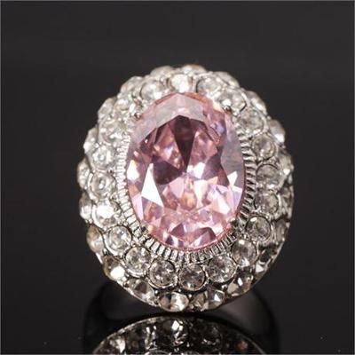 Large Faceted Simulated Pink Tourmaline Halo Ring Size 10