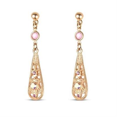 Gold Tone Pink & Iridescent Stones Teardrop Earrings