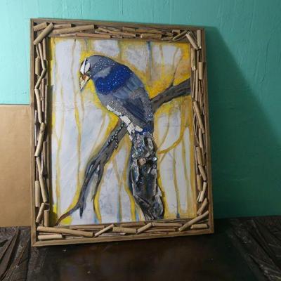 Vintage Glittered, Decorated Parrot? Painting - 19" x 23"