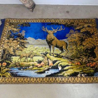 Vintage Moose at Lake Scene Rug - 70" (without Fringe) x 48"