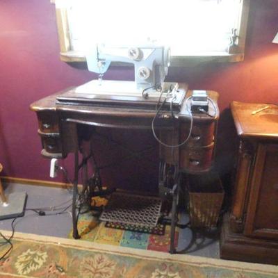 Vintage (Possibly Antique) Treadle Sewing Table Refitted for Seam Master Sewing Machine - 32" x 17" x 32"