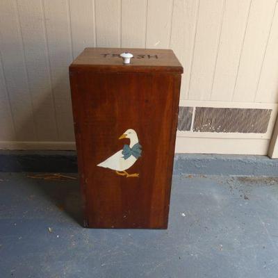 Vintage Solid Wood Trash Bin with Goose Decoration - 13" x 11" x 25"
