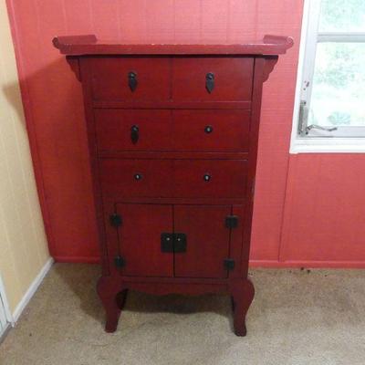 Vintage Reddish Wood 2-Drawer/3-Cabinet Jewelry Armoire 