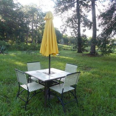 Vintage Patio/Outdoor 4 Vinyl Strap Chairs, Table with 8 Ceramic Tile Inserts, Umbrella & Base - Table: 38" Square x 27"