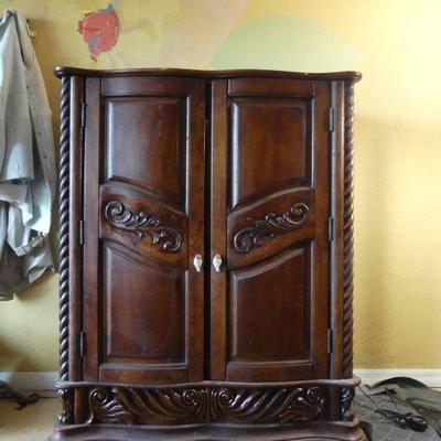 Vintage Carved Dark Wood Media Center Cabinet
