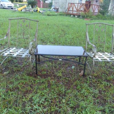 Vintage Pair of Patio/Outdoor Chairs & Martha Stewart Living Glass Top Coffee Table - Table: 38" x 20" x 18"