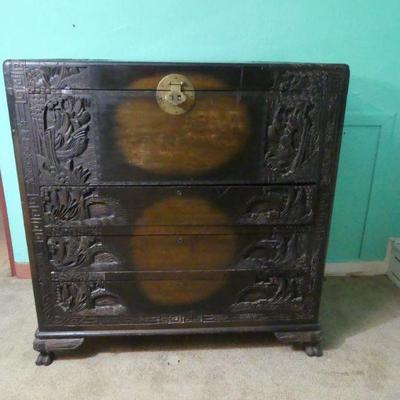 Vintage Korean Hand Carved Teak Cedar-Lined Chest with 3 Drawers