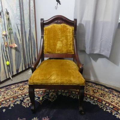 Vintage Hand Carved Dark Wood Side Chair with Golden Velvety Upholstery