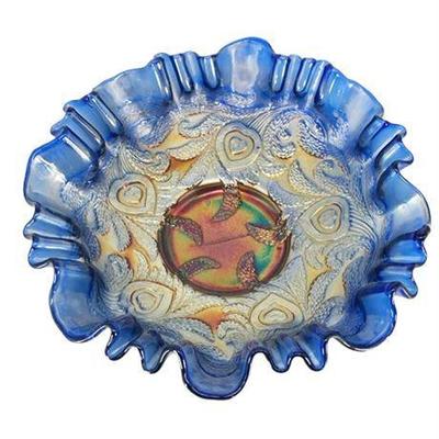 Antique Fenton Hearts and Vine Blue 3/1 Edge Bowl