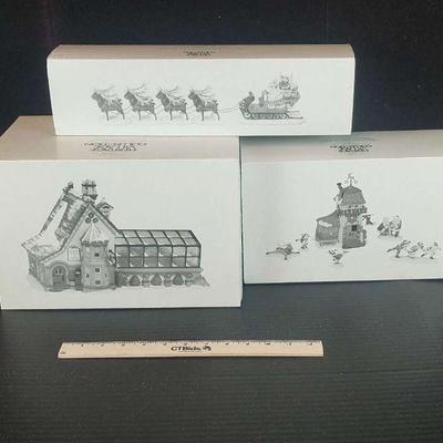 Department 56 "Mrs. Claus' GreenHouse", "Peppermint Skating Party", "Sleigh & Eight Tiny Reindeer".