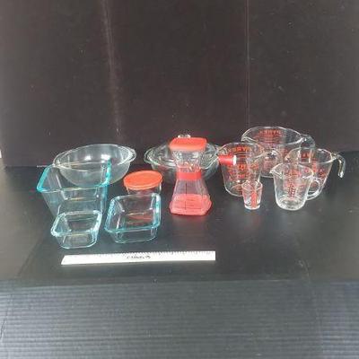 Pyrex Collection. Measuring Cups, Bowls, Newer Pyrex And Nut Chopper