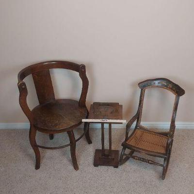 Antique Barrel Chair, Antique Rocking Chair & Tobacco Table