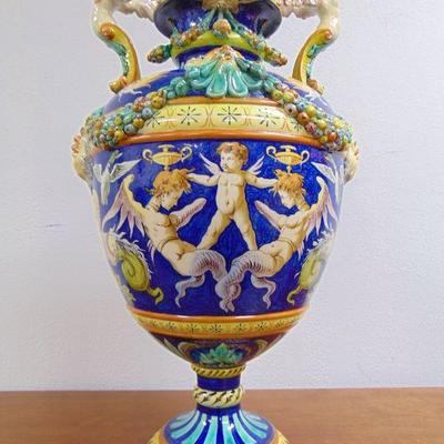 Ginori Majolica Hand Painted Antique  Handled Vase