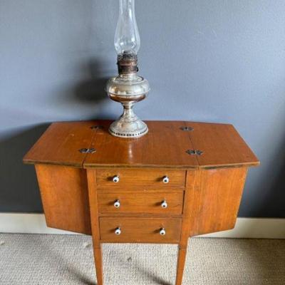 Antique Drop-Leaf Knitting Table + Antique Oil Lamp (1905)	
