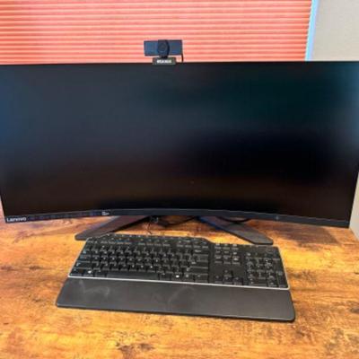 Curved Lenovo Computer Monitor, Dell Keyboard, & Nexigo Camera	