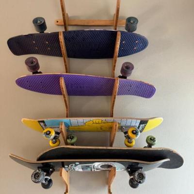 Colorful Skateboard Collection w/ Wooden Wall Rack	