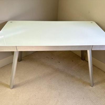 Minimalist White Glass Top Metal Desk w/ Drawer	