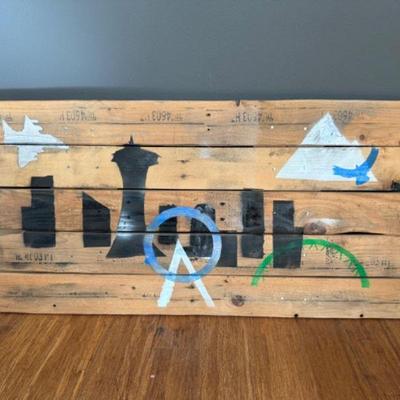 Seattle Skyline Wall Hanging Spray Paint Art on Pallet Wood	