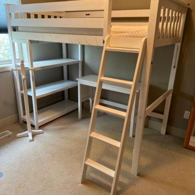 Kids White Loft Bed + Memory Foam w/ Study Station & Coat/Hat Rack	