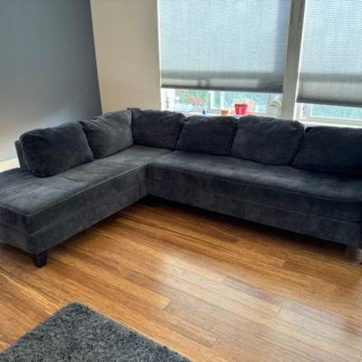 Sleek L-Shaped Charcoal Velvet Sofa w/ Throw Pillows	