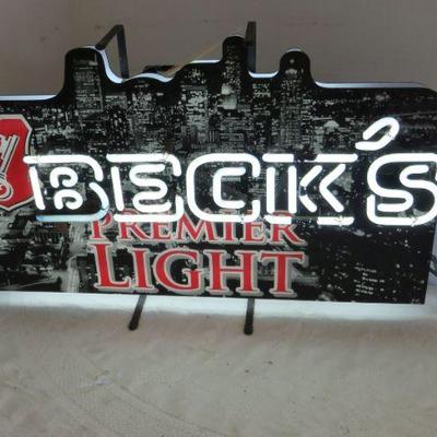 Neon lighted Becks beer sign