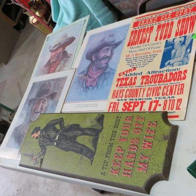 Ernest Tubb show poster, cowboy prints, wood plaque