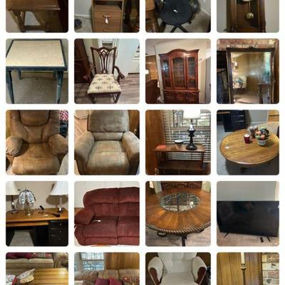 lots of furniture including china cabinet, rocking sofa, large decorative wall mirror, office chair, sofa and chair set, Pride power lift...