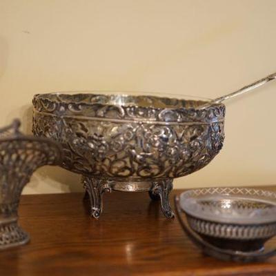 German Silver 800 . Pierced  footed bowl 19th century with glass insert. 10" 