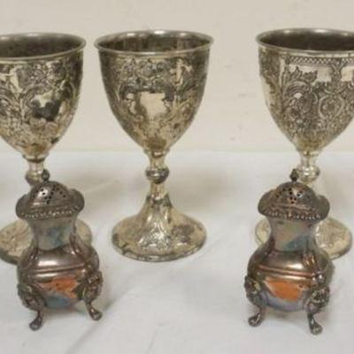 1110	GROUP OF SILVER PLATE, CHALICES & SALT AND PEPPER
