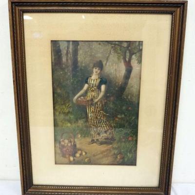 1057	FRAMED WATER COLOR OF WOMAN GATHERING FRUIT, ARTIST SIGNED, APPROXIMATELY 21 IN X 27 IN OVERALL
