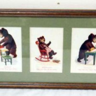 1055	FRAMED SET OF BEAR POST CARDS DEPICTING 7 DAYS OF THE WEEK, APPROXIMATELY 33 IN X 9 IN
