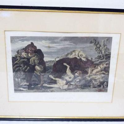 1065	FRAMED COLONEL ENGRAVING *BEARS & DOGS*, J FITTLER, APPROXIMATELY 20 IN X 16 IN OVERALL, SOME FOXING
