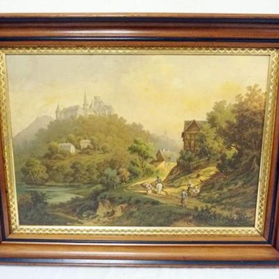 1059	FRAMED PRINT OF CASTLE SCENE IN DEEP WALNUT FRAME, APPROXIMATELY 32 IN X 25 IN OVERALL
