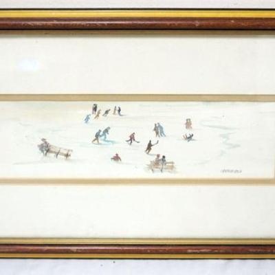 1070	WATER COLOR WINTER SCENE OF ICE SKATERS AND HOCKEY PLAYERS, APPROXIMATELY 11 IN X 20 IN OVERALL, ARTIST SIGNED
