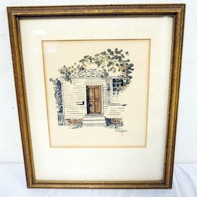 1071	FRAMED WATER COLOR ARCHITECTUAL VIEW OF COUNTRY HOUSE ENTRANCE, ARTIST SIGNED, APPROXIMATELY 15 IN X 18 IN OVERALL
